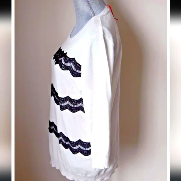 🖤🙌 HP 🙌🖤Elle Lace Embellished Crew Sweater, Lg cream color w/ black lace; - Picture 2 of 9